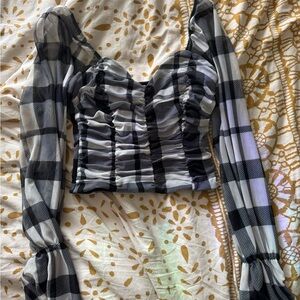 Francesca’s Plaid Long Sleeve Ruched Top Sexy